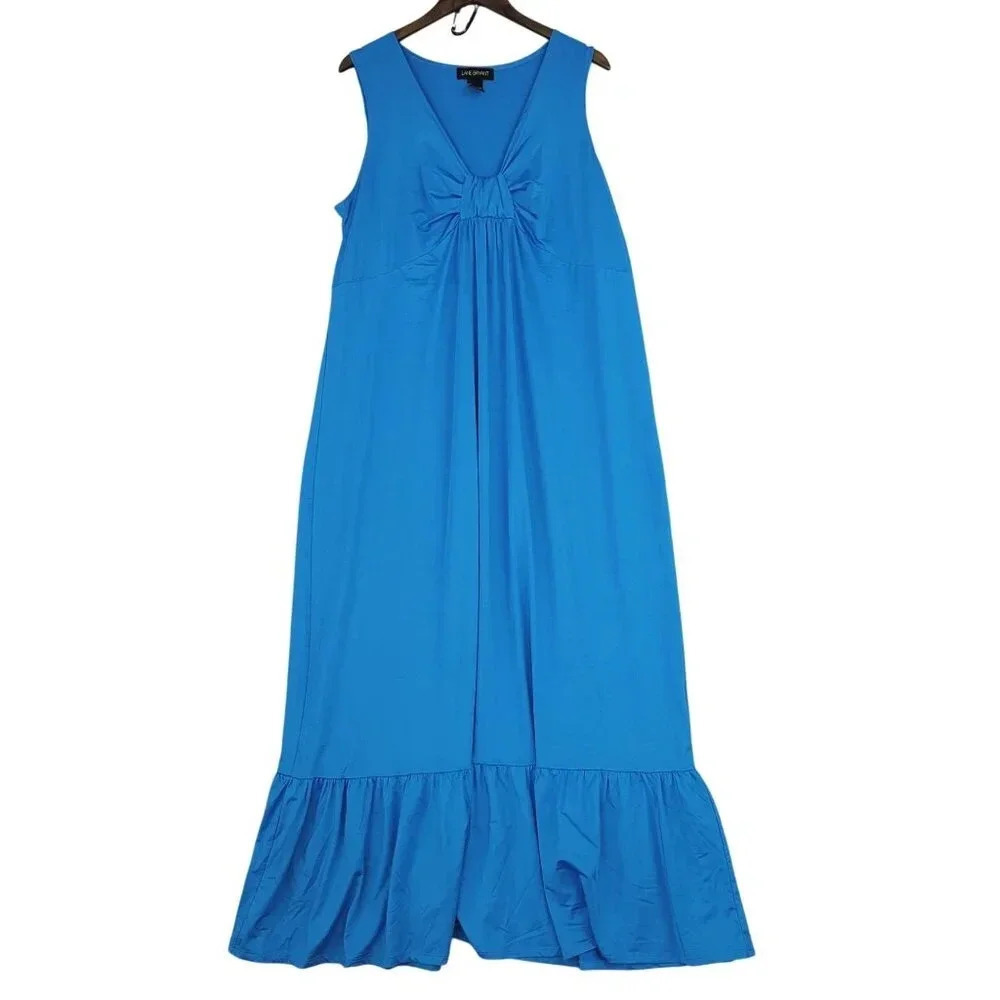 Lane Bryant Sleeveless Blue Maxi Dress 18/20 Polyester Spandex Ruffled Hem  11CT